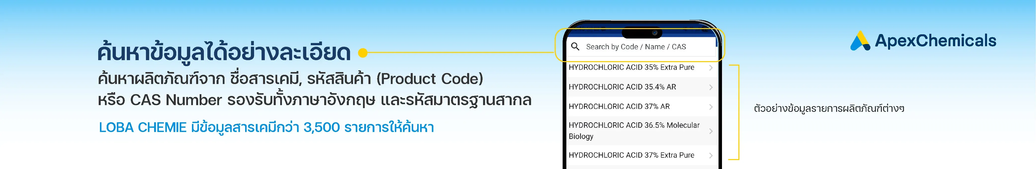 ค้นหาผลิตภัณฑ์จาก ชื่อสารเคมี, รหัสสินค้า (Product Code) หรือ CAS Number รองรับทั้งภาษาอังกฤษ และรหัสมาตรฐานสากล