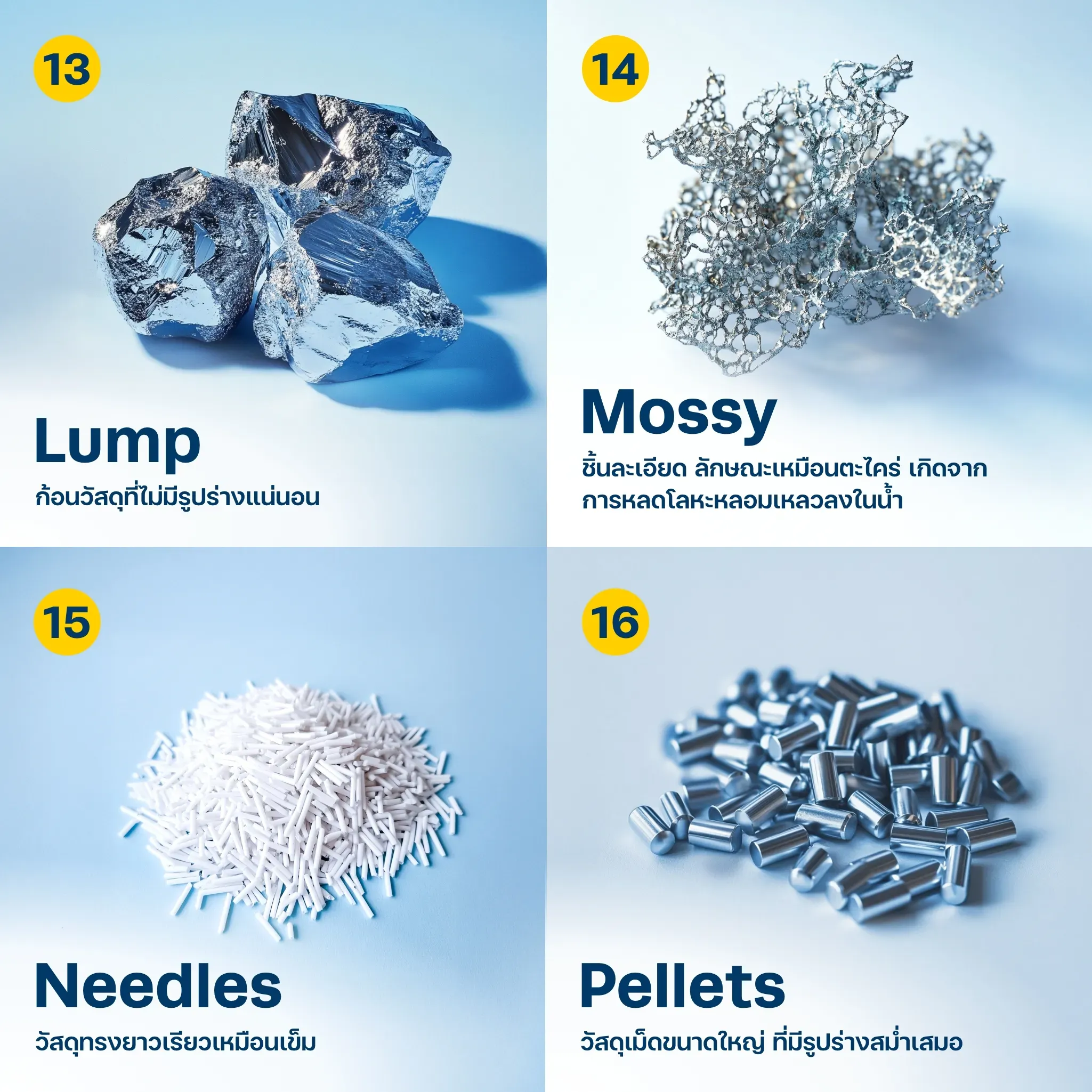 Physical Form รูปแบบ Lumps, Mossy, Needles และ Pellets 
